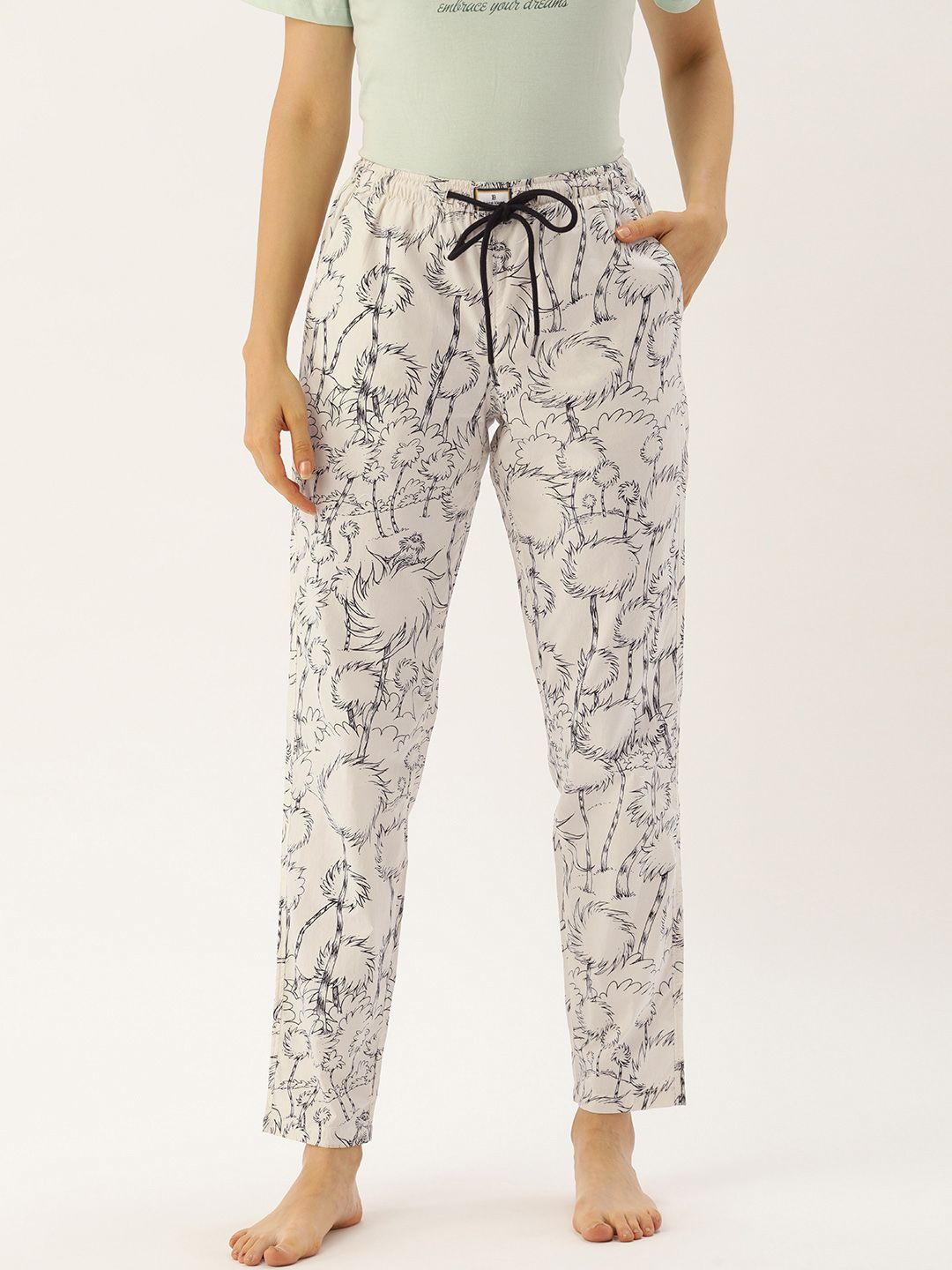 Bene Kleed Women Off-White Printed Cotton Lounge Pant With N9 Silver Anti Bacterial Finish Price in India