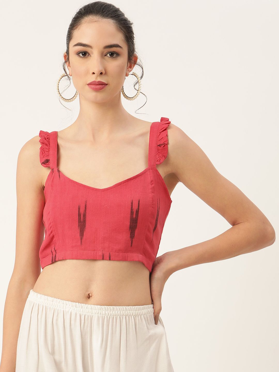 Molcha Pink Cotton Ikat Non Padded Back Open Sleeveless Blouse With Frill Strap Price in India