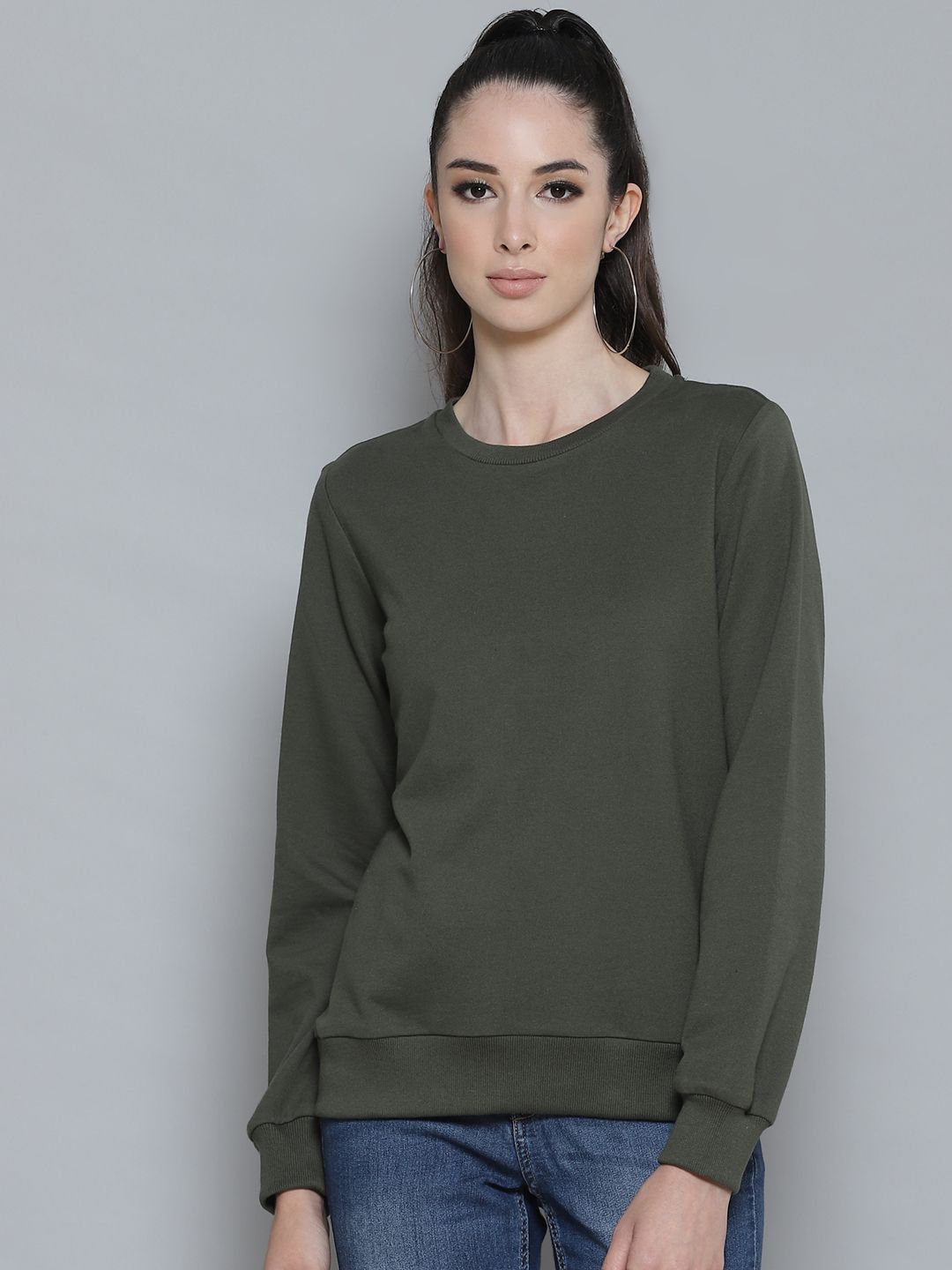 Femella Women Olive Green Solid Sweatshirt Price in India