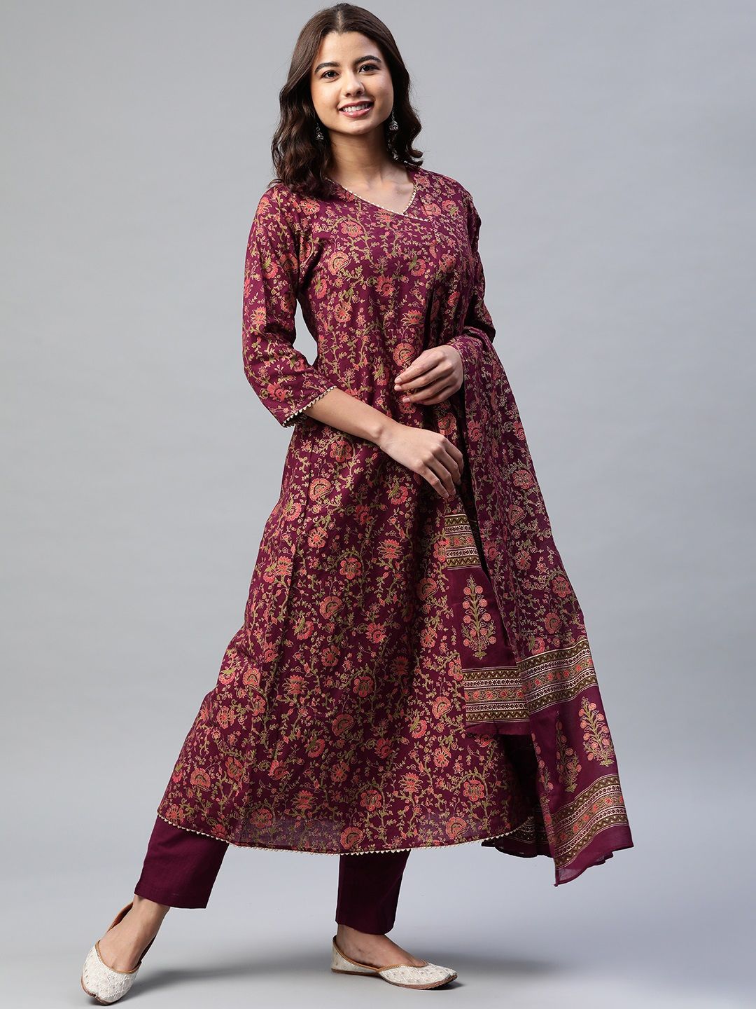 Yuris Women Burgundy Printed Angrakha Gotta Patti Cotton Kurta with Trousers & Dupatta Price in India