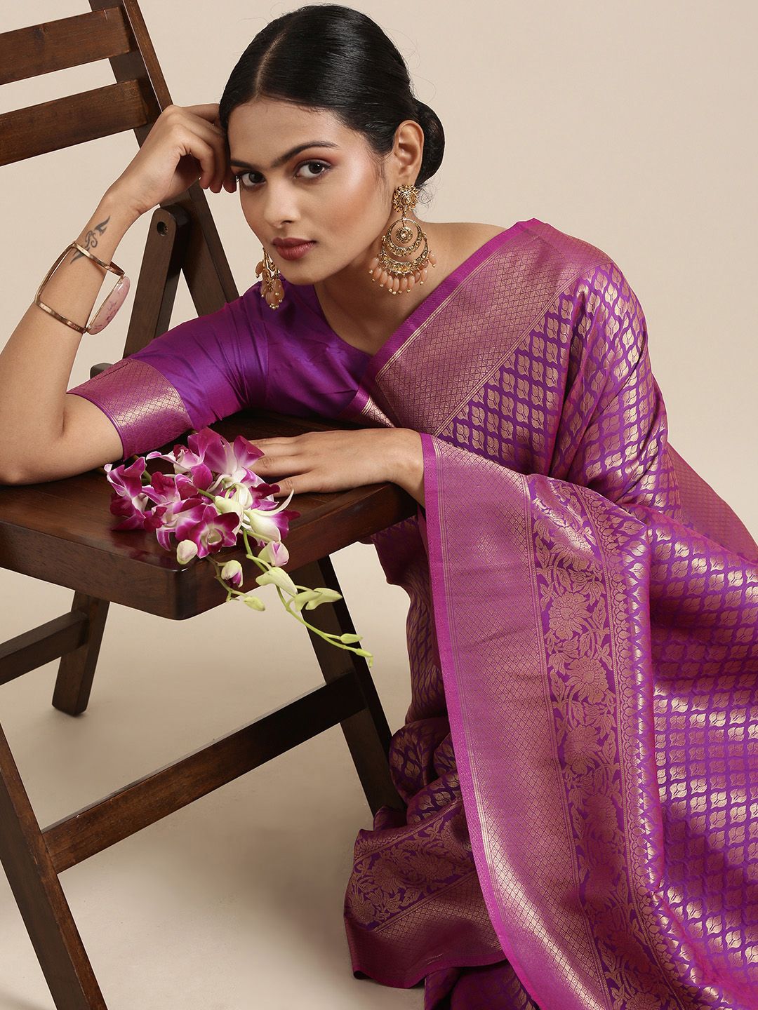 Saree mall Purple Ethnic Motifs Zari Silk Blend Banarasi Sarees Price in India