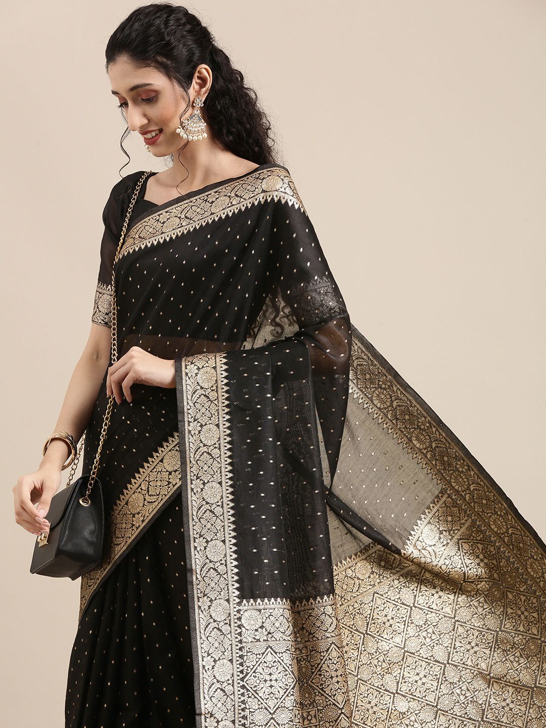 Saree mall Black Woven Design Zari Silk Blend Banarasi Sarees Price in India
