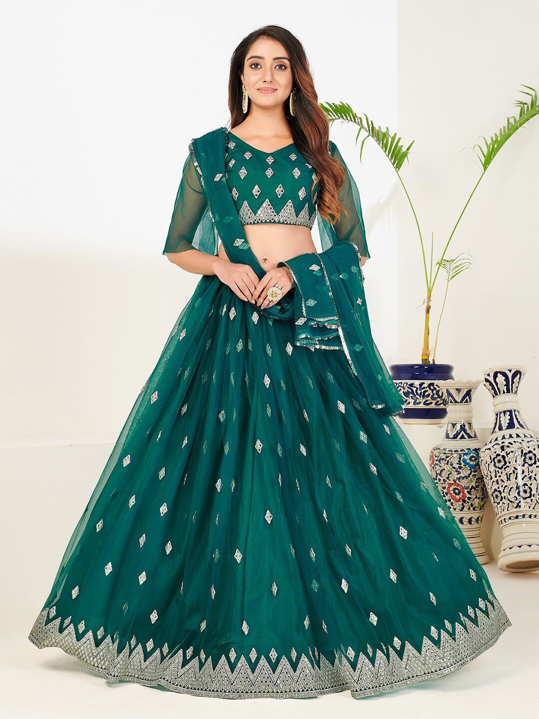 SHOPGARB Teal & Silver-Toned Semi-Stitched Lehenga & Unstitched Choli With Dupatta Price in India