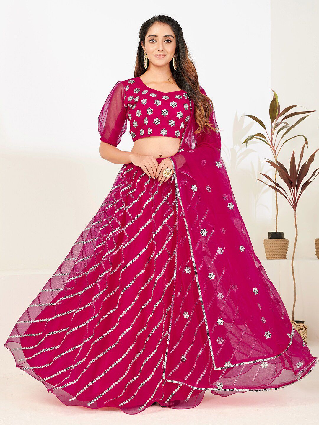 SHOPGARB Pink & Silver-Toned Embellished Semi-Stitched Lehenga &Unstitched Choli & Dupatta Price in India