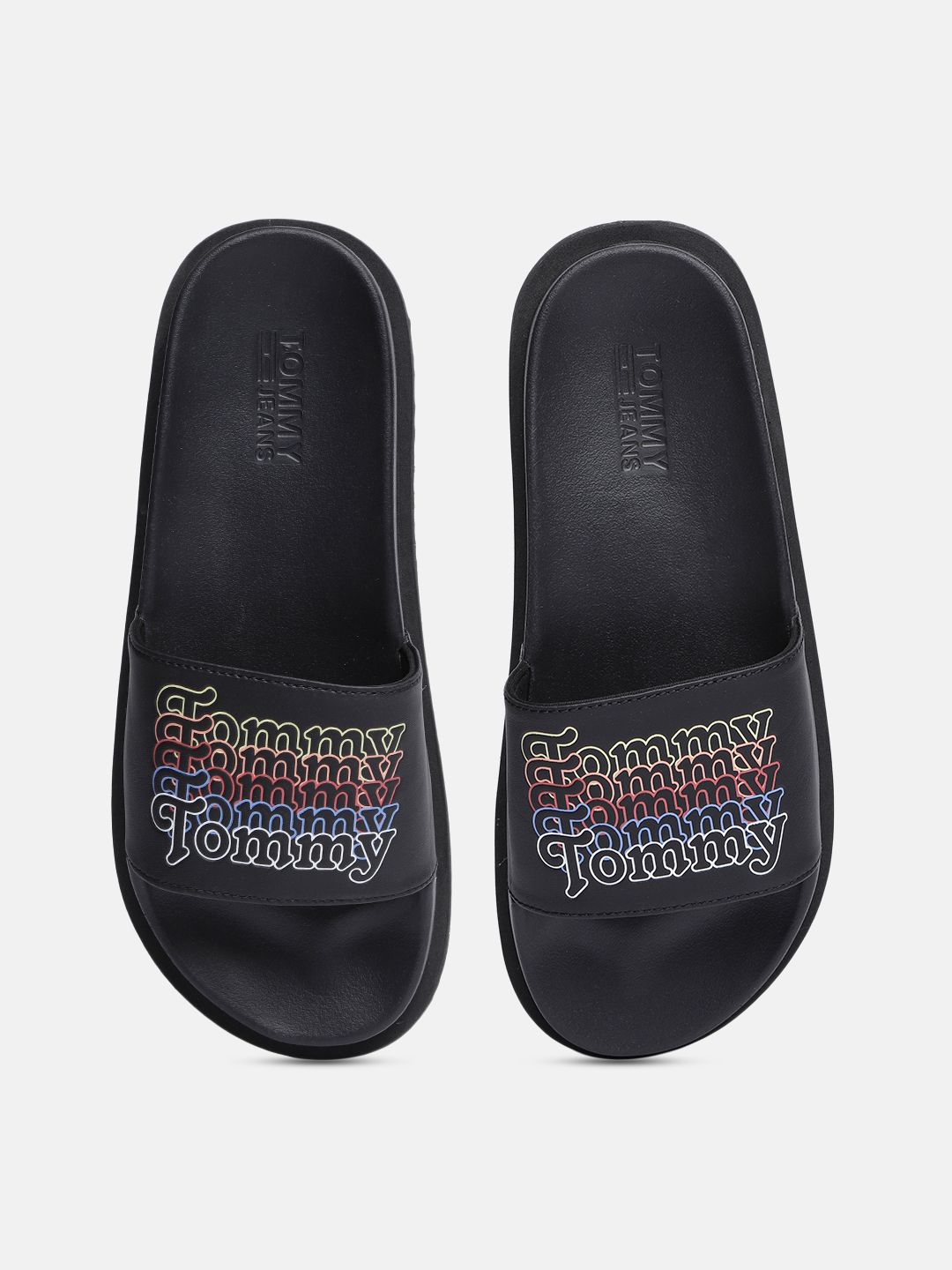 Tommy Hilfiger Women Black Printed Flatform Sliders Price in India