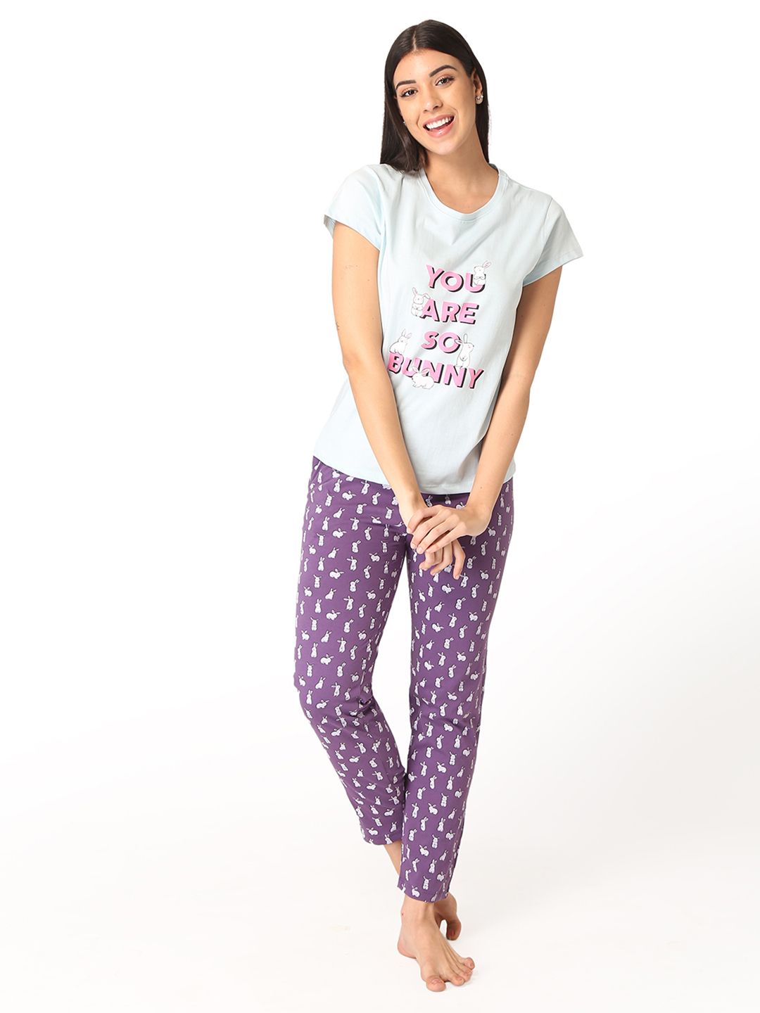 Lounge Dreams Women Purple & White Pure Cotton Printed Night Suit Price in India