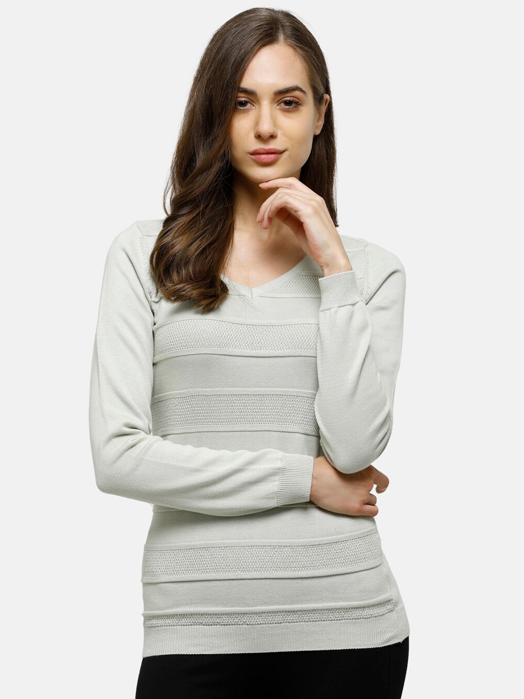 98 Degree North Women Grey Self Designed Pure Cotton Pullover Sweater Price in India