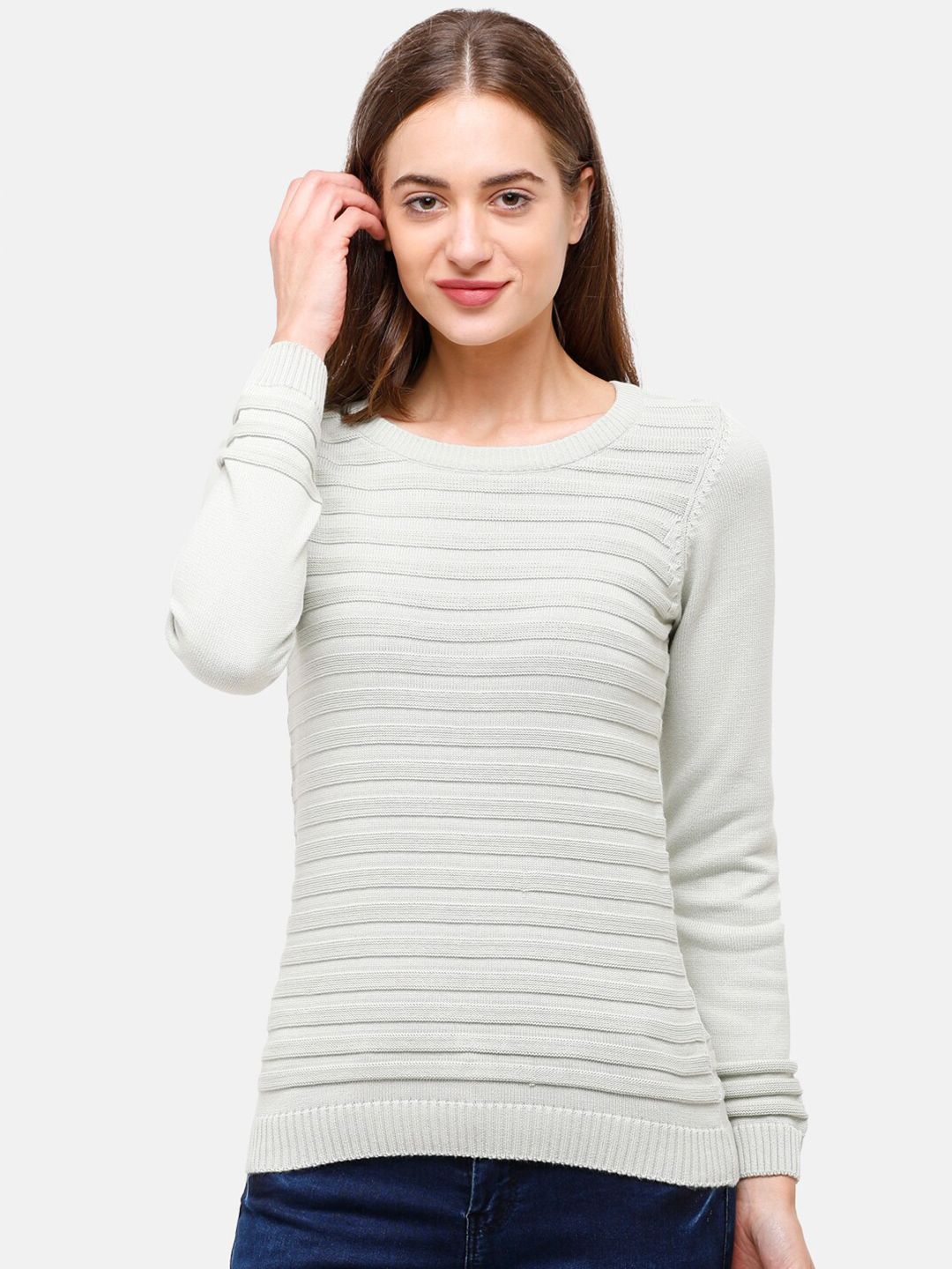 98 Degree North Women Grey Self Design Pure Cotton Pullover Sweater Price in India