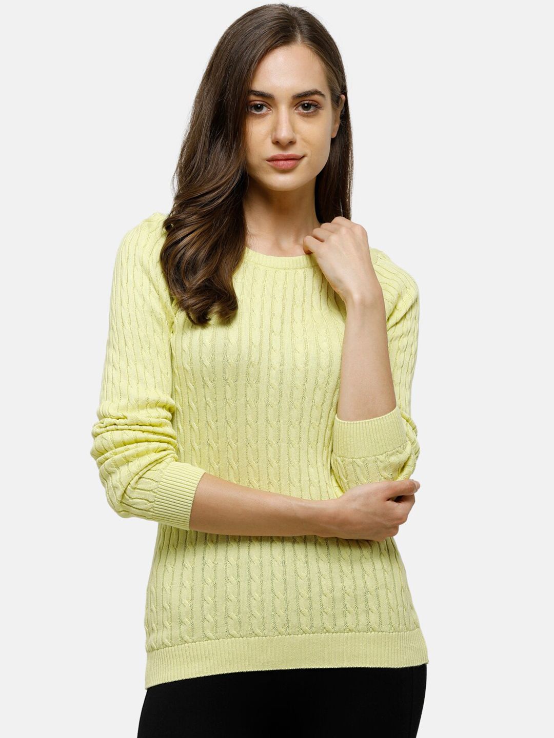 98 Degree North Women Yellow Self Designed Pure Cotton Pullover Sweater Price in India
