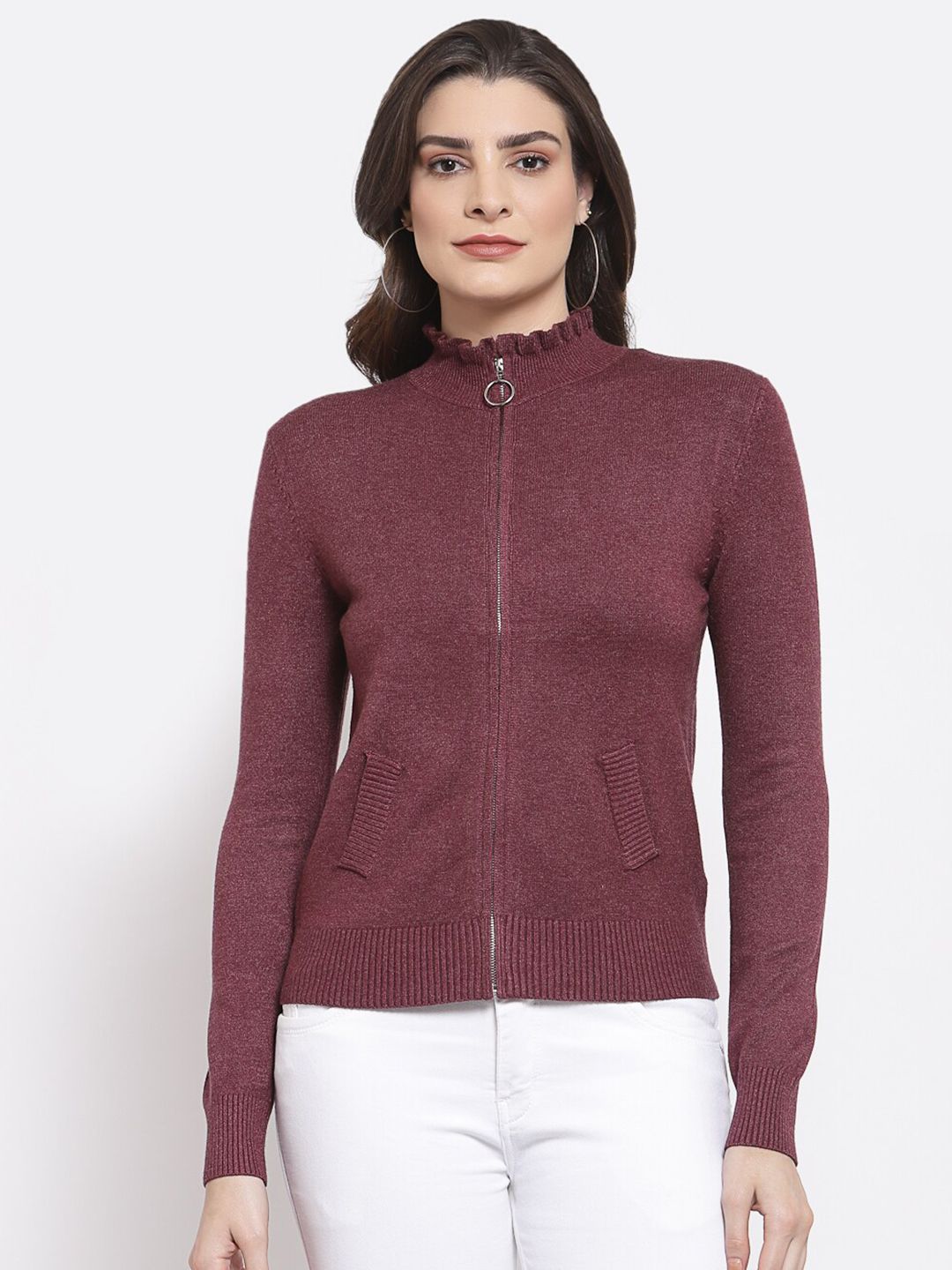 Mafadeny Women Maroon Cardigan Price in India