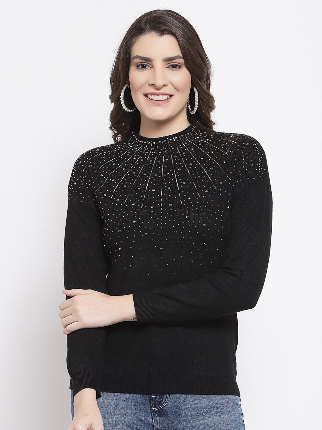 Mafadeny Women Black & Silver-Toned Pullover with Embellished Detail Price in India