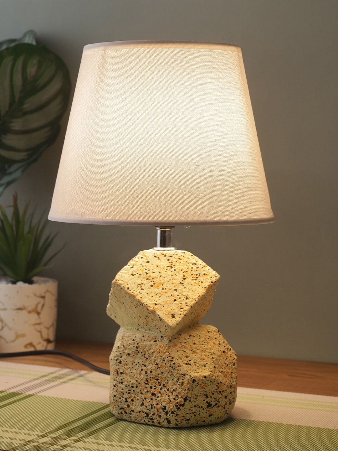 House Of Accessories White And Beige Ceramic Frustum Shape Table Lamp With Shade Price in India