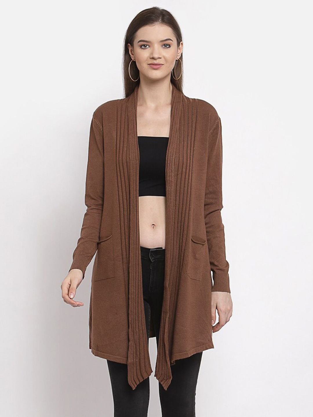 Mafadeny Women Brown Longline Shrug Price in India