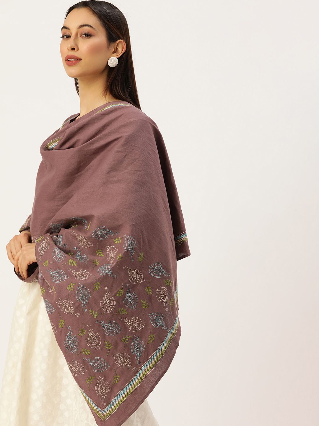 ArtEastri Brown Embroidered Pure Cotton Dupatta with Kantha Work Price in India