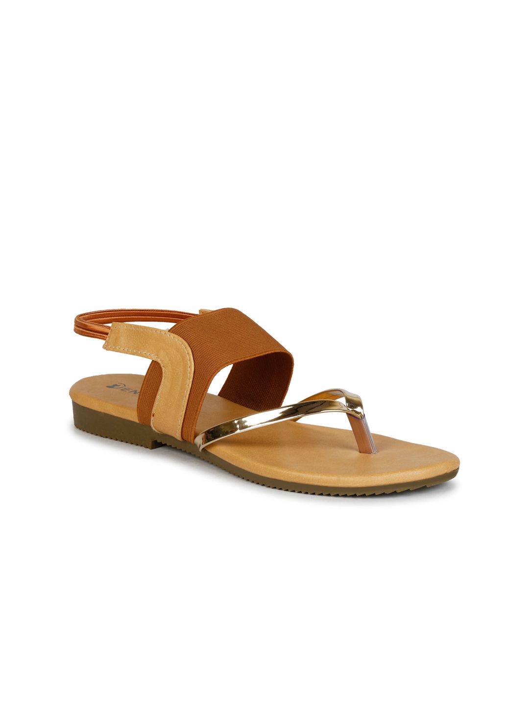 Denill Women Tan & Gold Solid T-Strap Flats Price in India