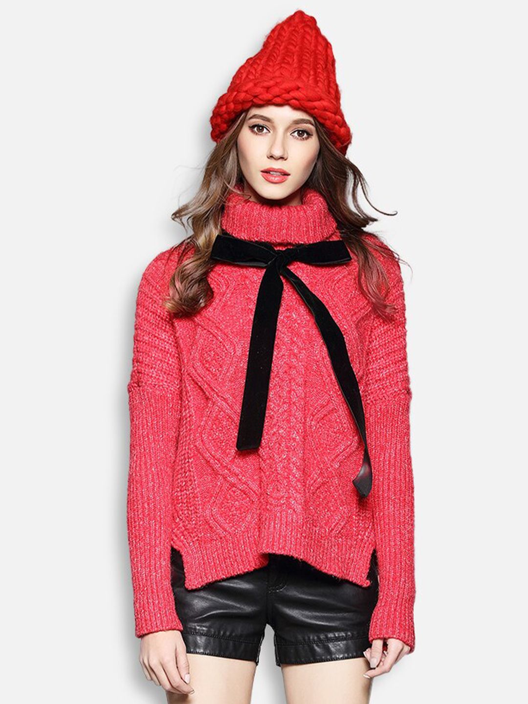 JC Collection Women Red & Black Cable Knit Longline Pullover Price in India