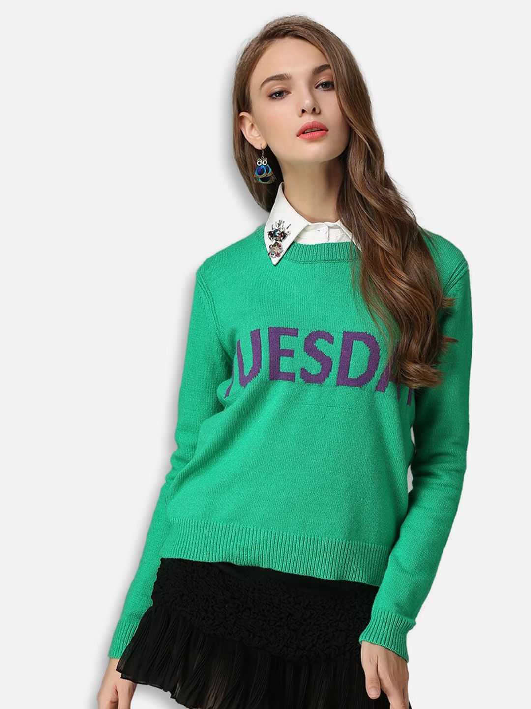 JC Collection Women Green & Purple Typography Printed Pullover Price in India