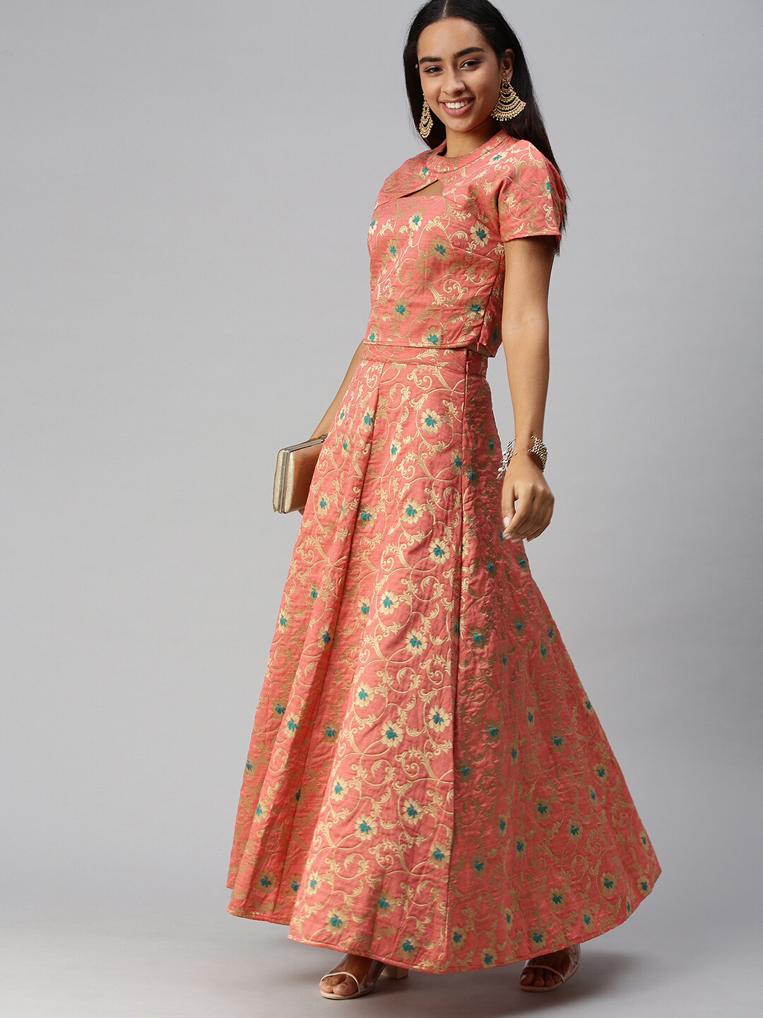 flaher Peach-Coloured Embroidered Ready to Wear Jacquard Lehenga Set Price in India