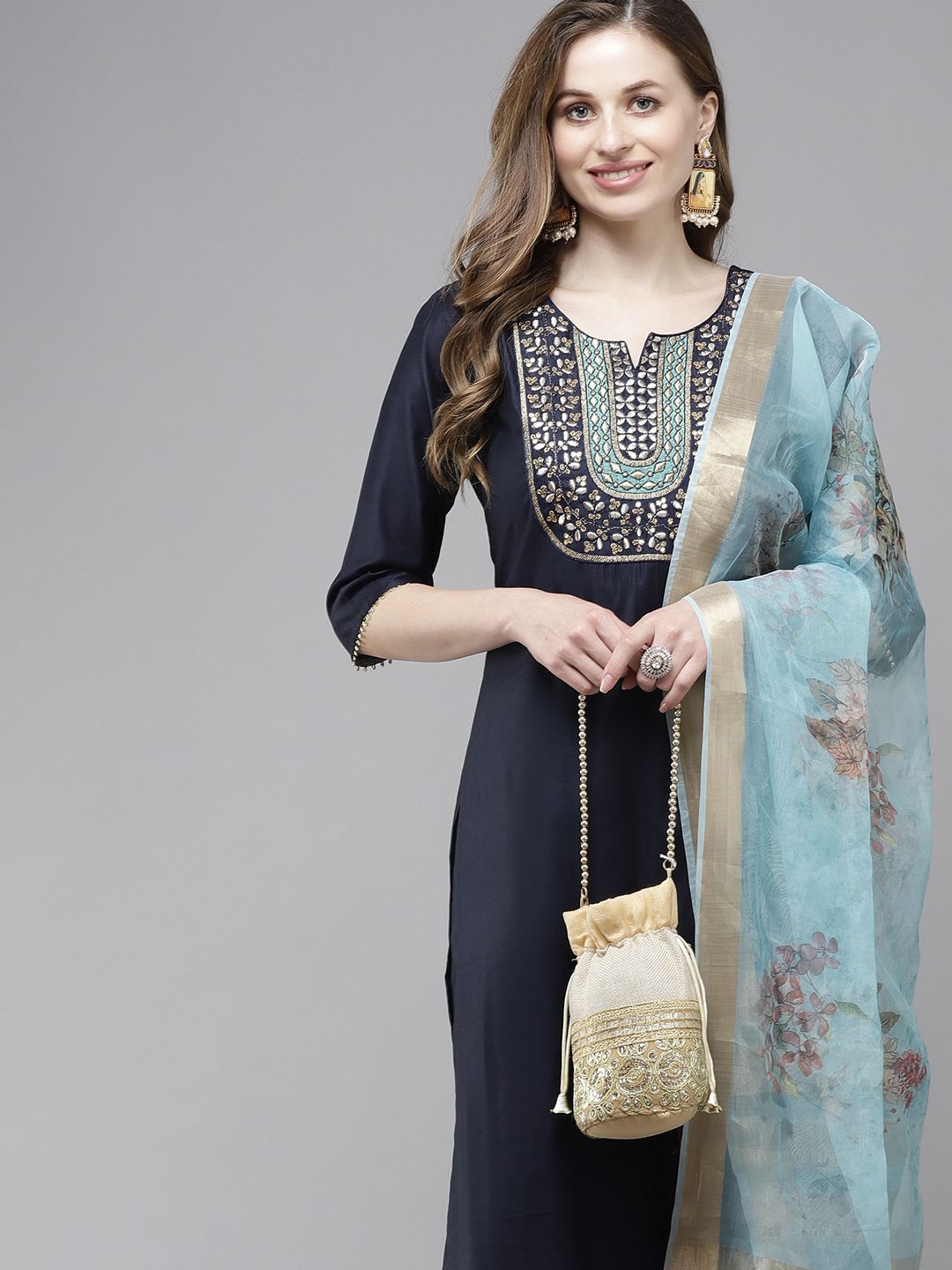 Indo Era Women Navy Blue Embroidered Regular Sequinned Liva Kurta with Trousers & With Dupatta Price in India