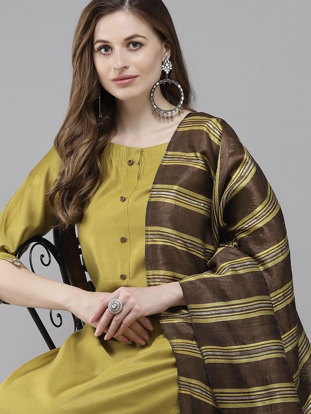 Indo Era Women Olive Green Regular Pure Cotton Kurta with Palazzos & With Dupatta Price in India