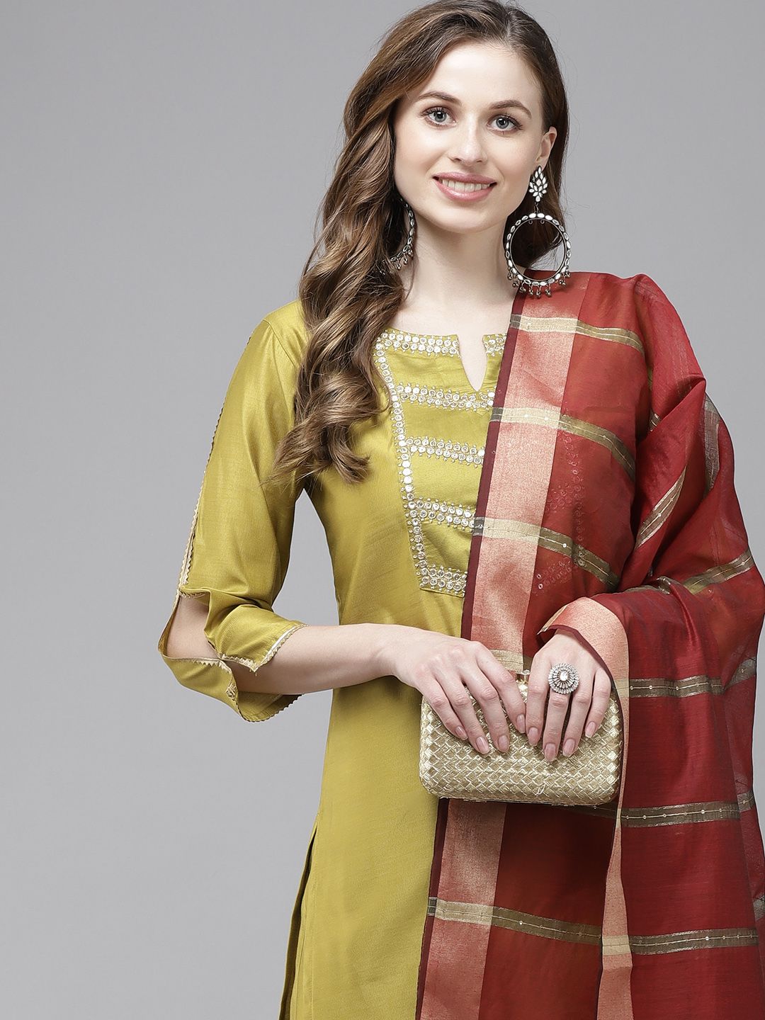 Indo Era Women Olive Green Regular Liva Kurta with Trousers & With Dupatta Price in India