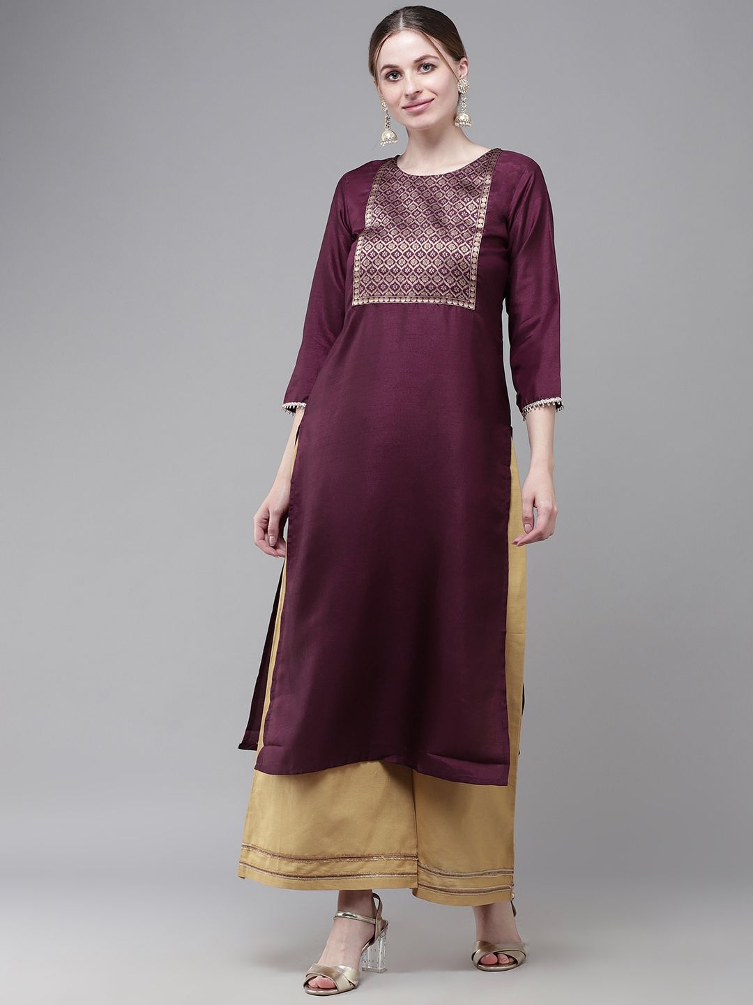 Indo Era Women Purple Yoke Design Liva Kurta Price in India