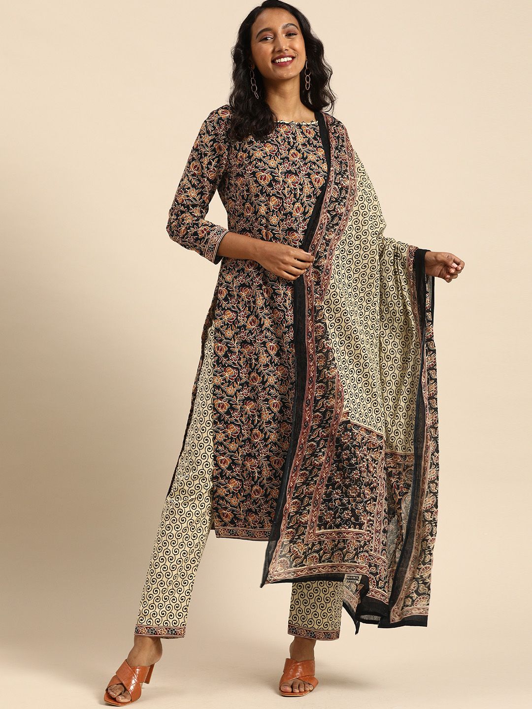 Rajnandini Black & Beige Printed Pure Cambric Cotton Unstitched Dress Material Price in India