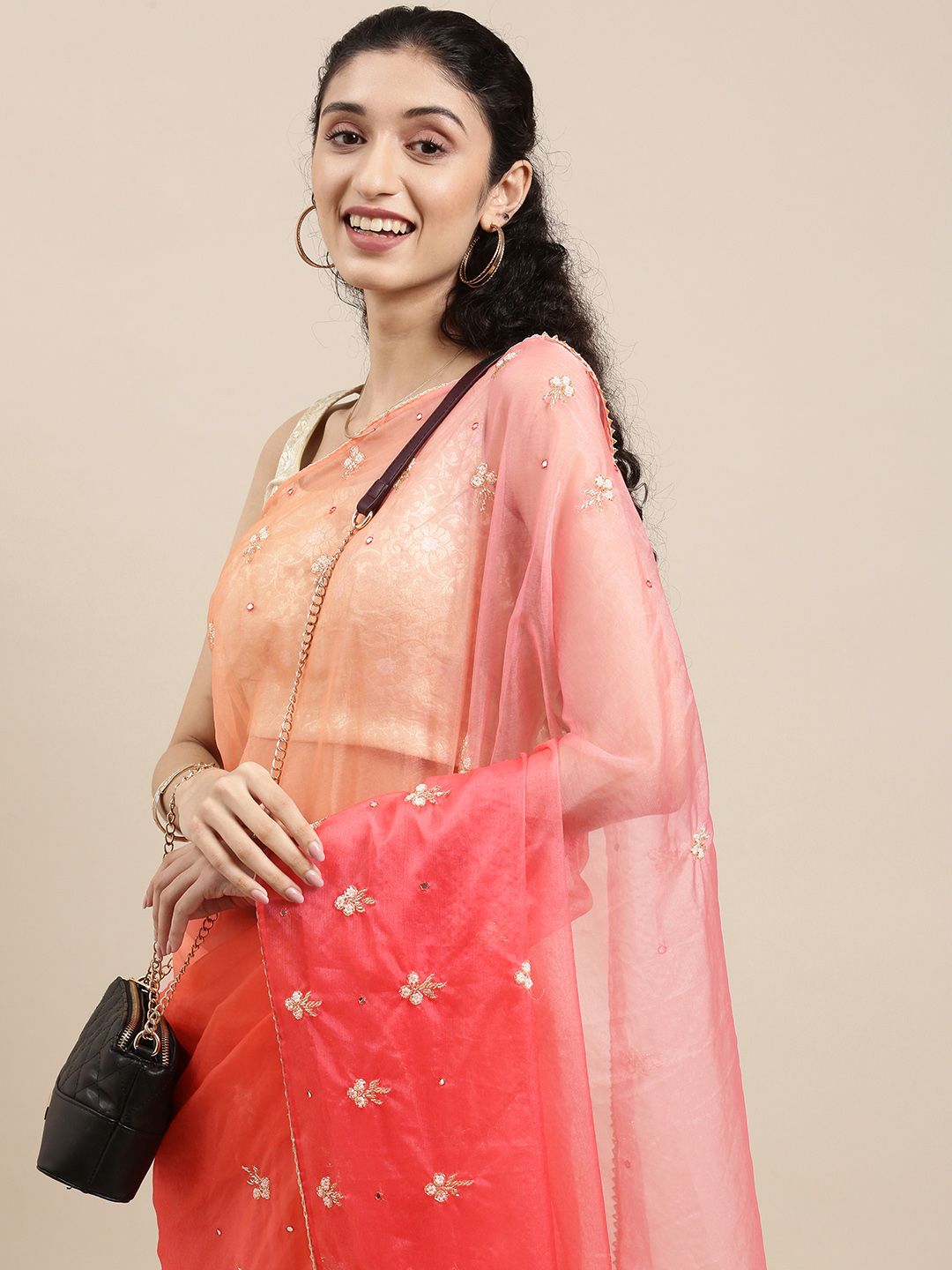 Geroo Jaipur Orange & Pink Ethnic Motifs Organza Saree Price in India