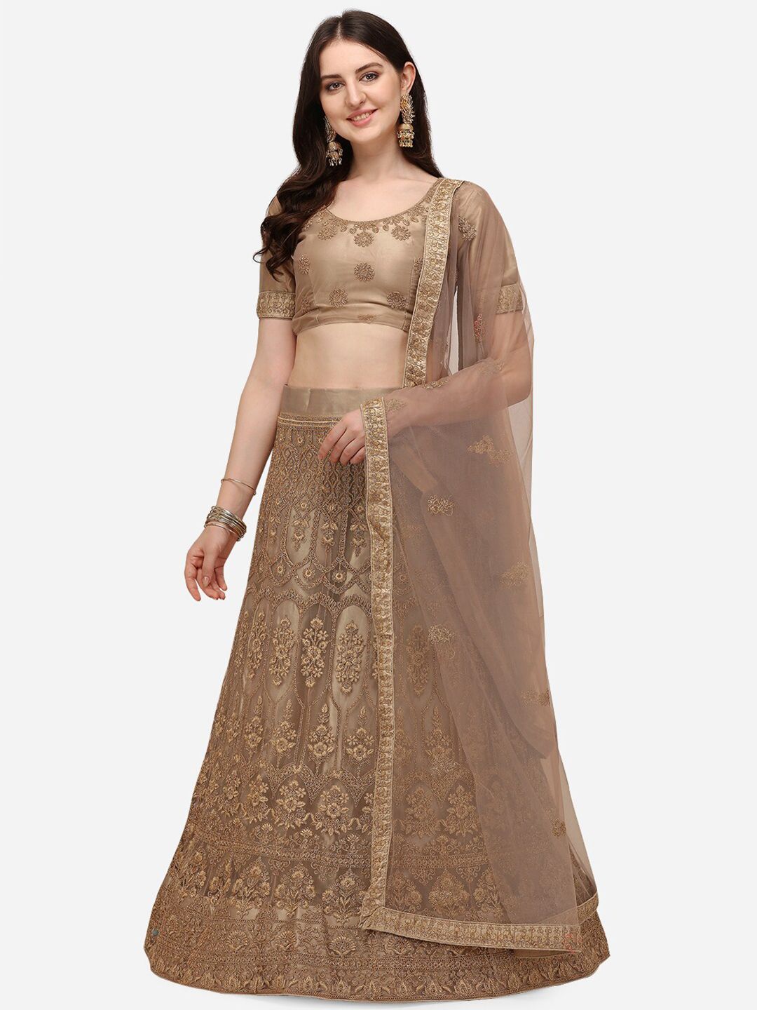 V SALES Beige Embroidered Thread Work Semi-Stitched Lehenga & Unstitched Blouse With Dupatta Price in India