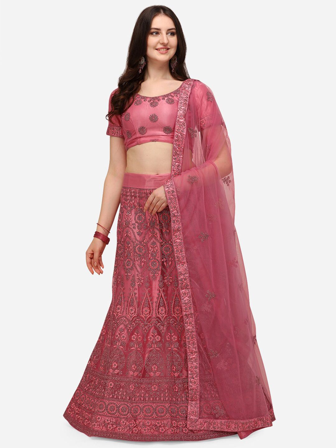 V SALES Pink & Grey Embroidered Thread Work Semi-Stitched Lehenga & Unstitched Blouse With Dupatta Price in India