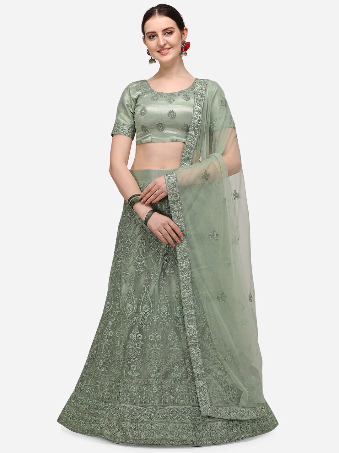 V SALES Green & Grey Embroidered Thread Work Semi-Stitched Lehenga & Unstitched Blouse With Dupatta Price in India