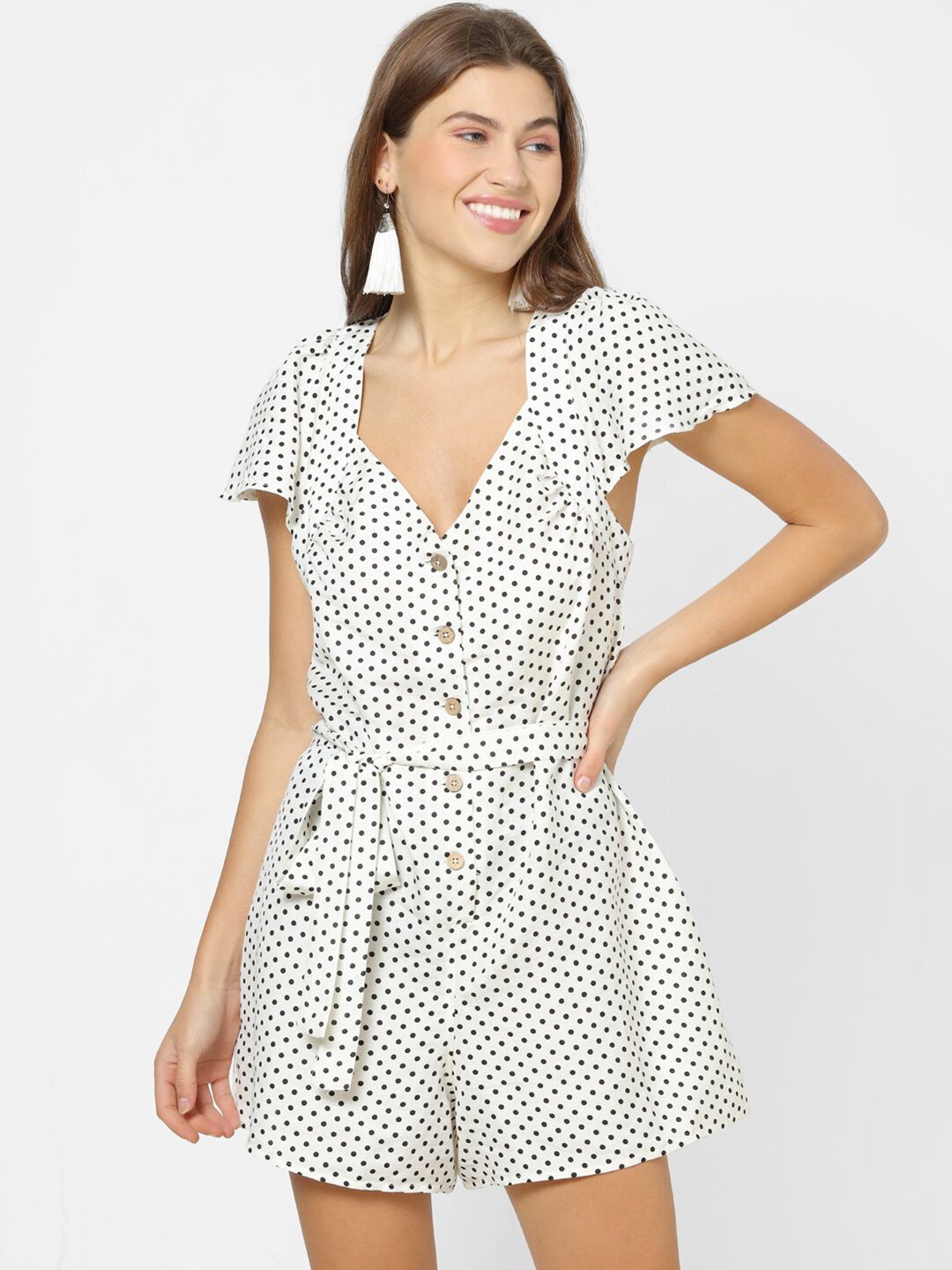 FOREVER 21 Women Off White & Black Polka Dot Printed Jumpsuit Price in India