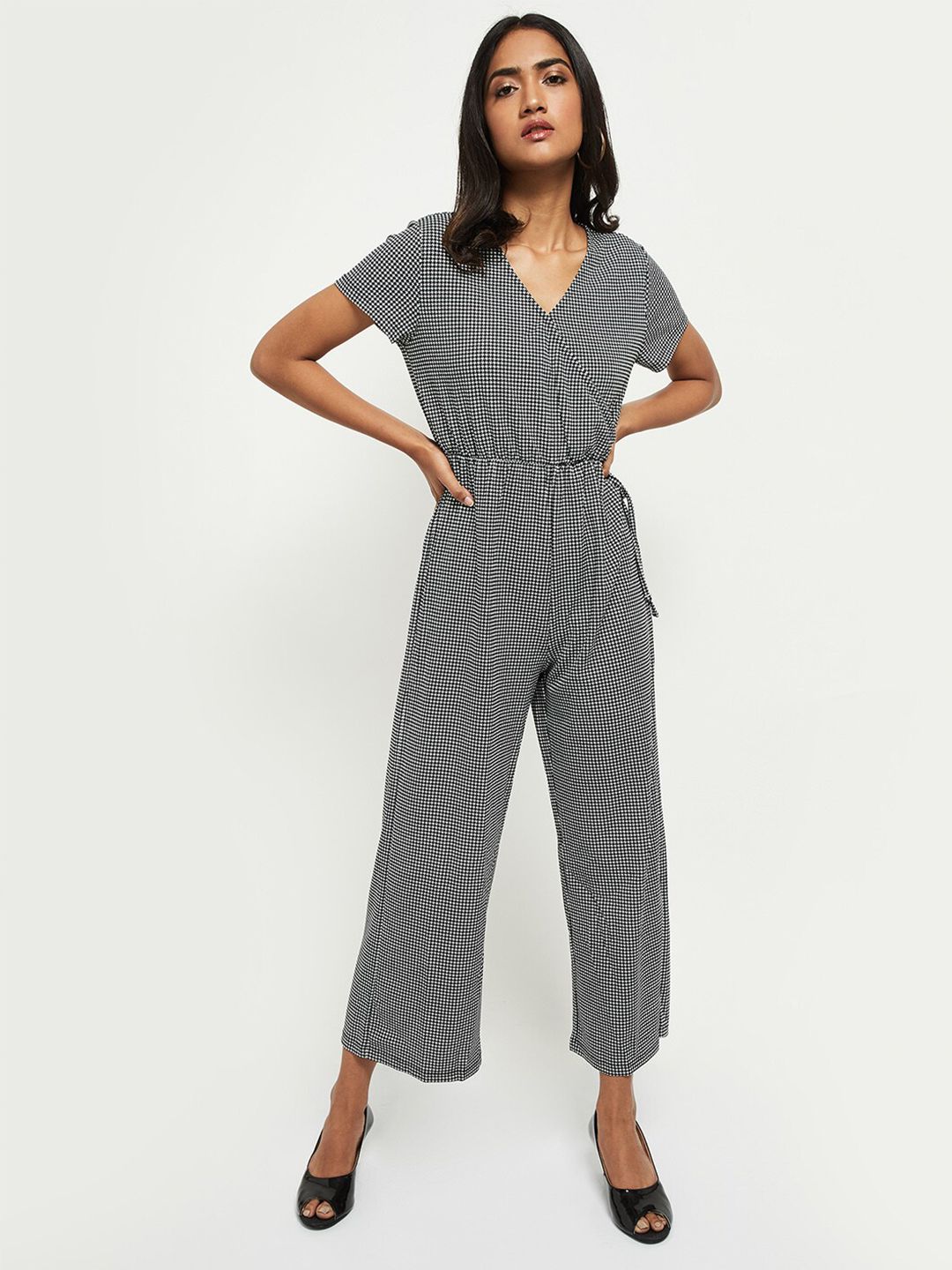 max Women Black & White Checked Basic Jumpsuit Price in India