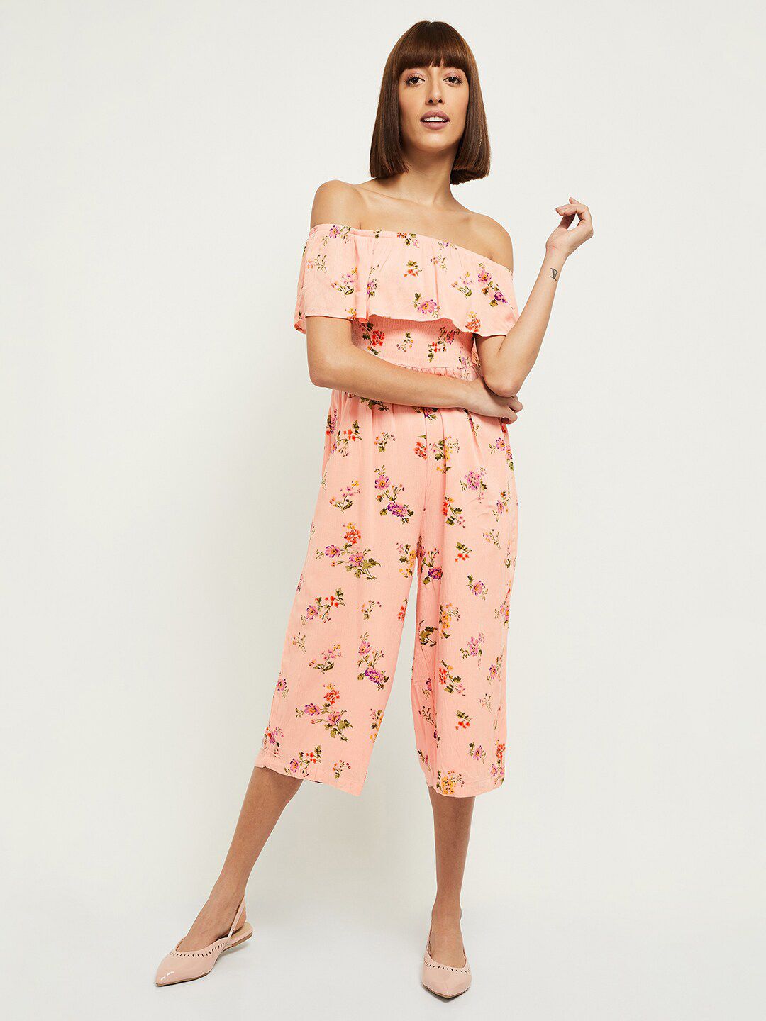 max Women Pink & Yellow Off-Shoulder Printed Basic Jumpsuit Price in India