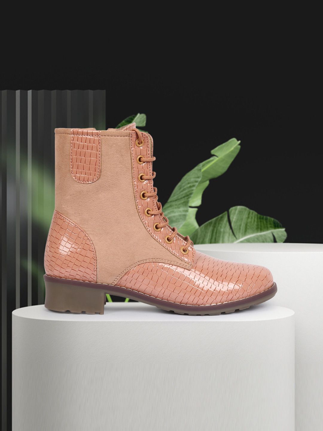 Alishtezia Pink Textured PU Party Block Heeled Boots Price in India