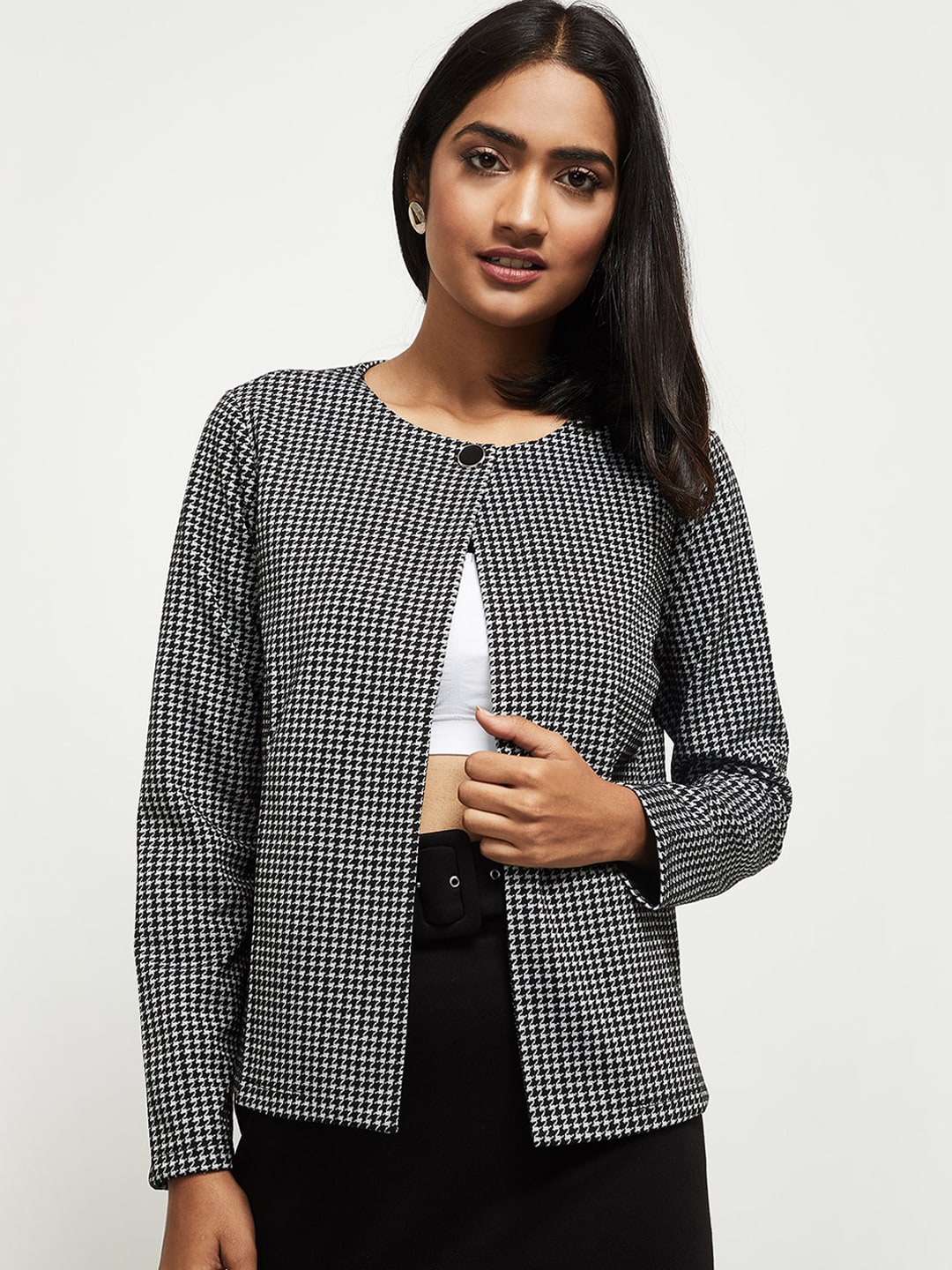 max Women White Black Checked Open Front Jacket Price in India