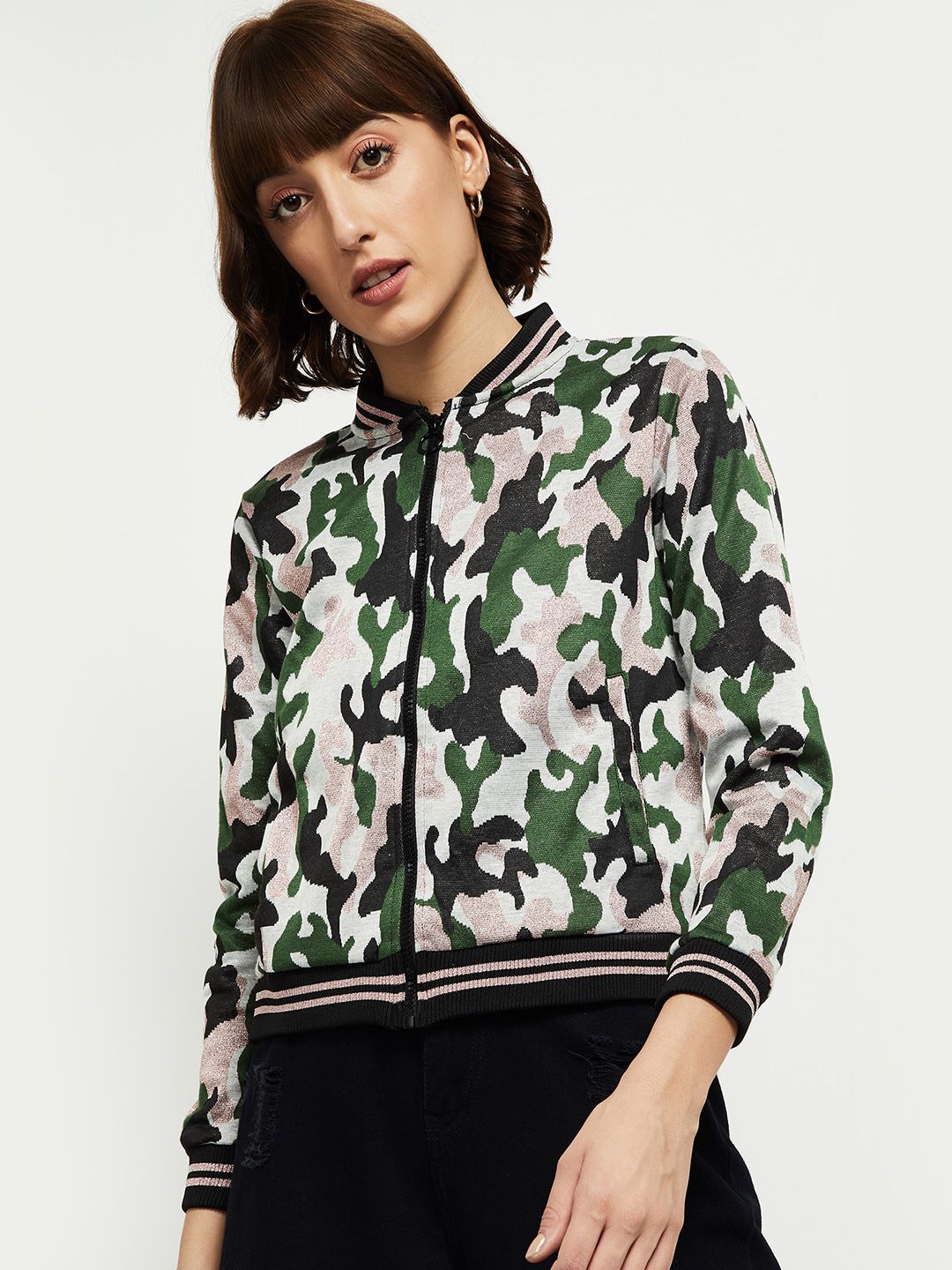 max Women White Green Camouflage Bomber Jacket Price in India