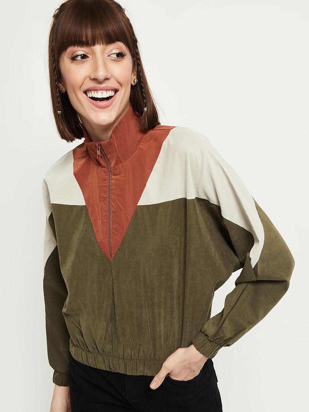 max Women Green Colourblocked Bomber with Embroidered Jacket Price in India