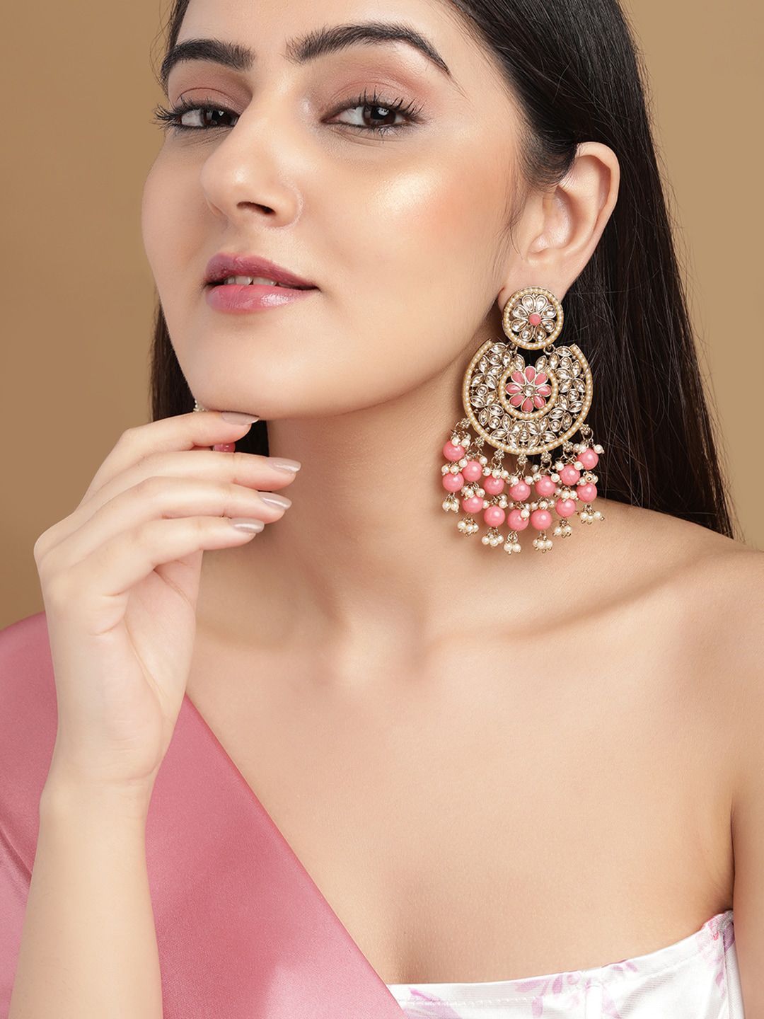 Rubans Gold-Plated & Pink AD Classic Chandbalis Earrings Price in India
