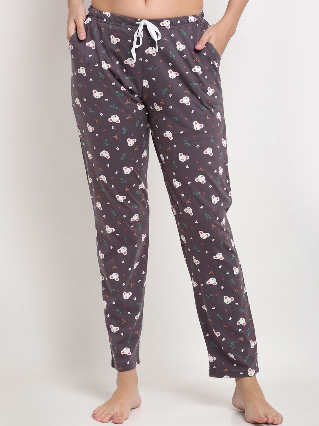 Kanvin Women Grey & White Printed Pure Cotton Lounge Pants Price in India