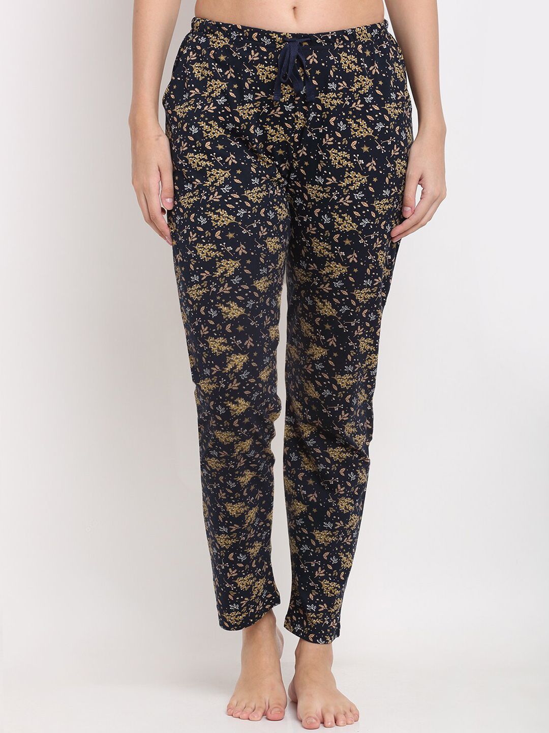 Kanvin Women Navy Blue & Olive Green Printed Pure Cotton Lounge Pants Price in India