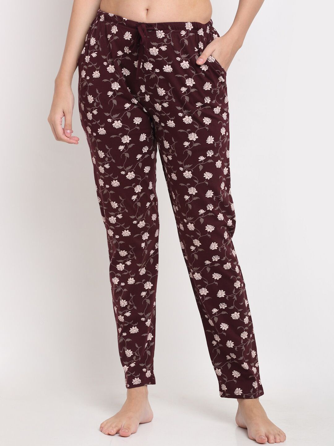 Kanvin Women Brown & Cream Printed Pure Cotton Lounge Pants Price in India