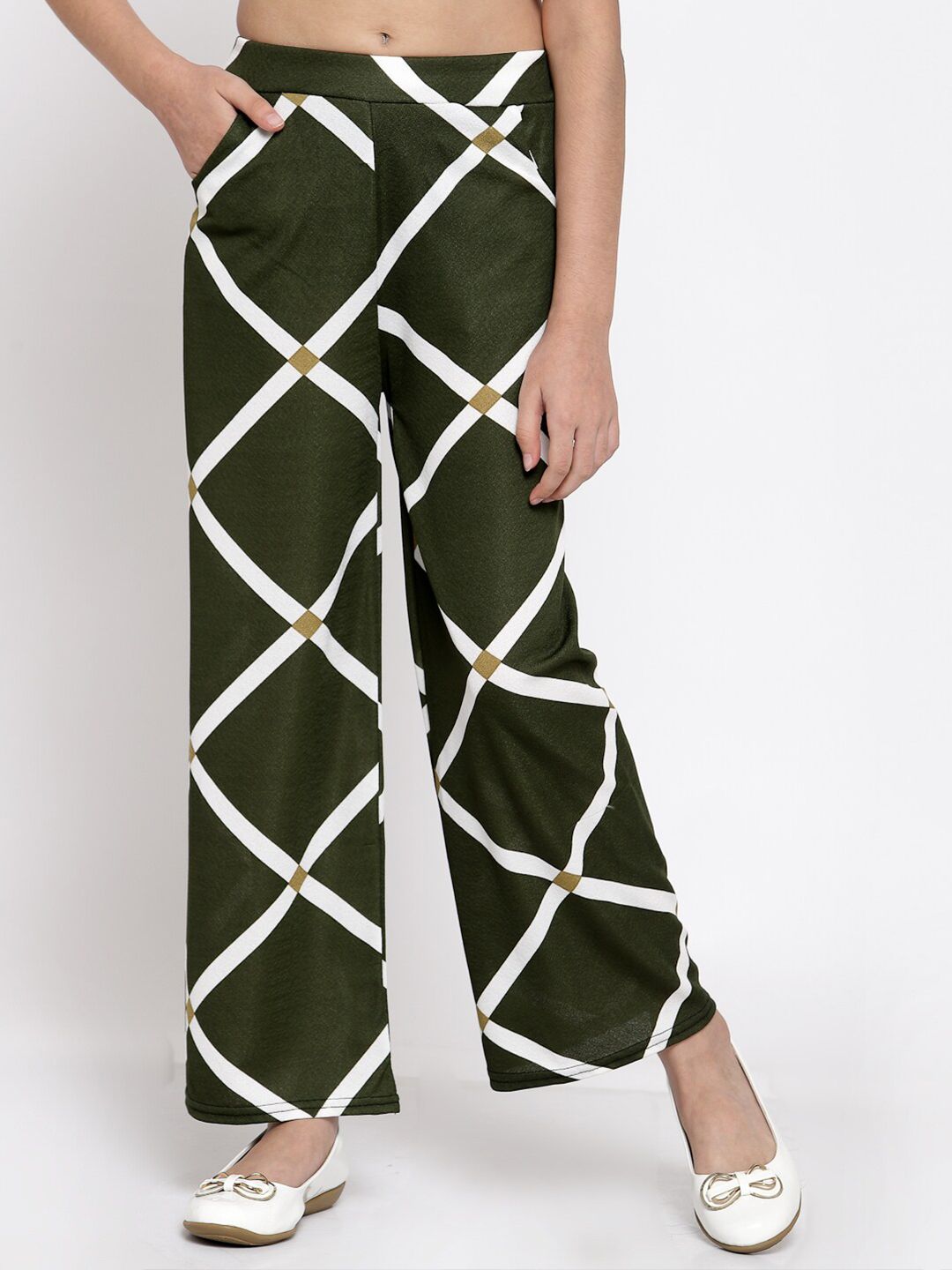 KLOTTHE Girls Olive Green & White Printed Palazzos