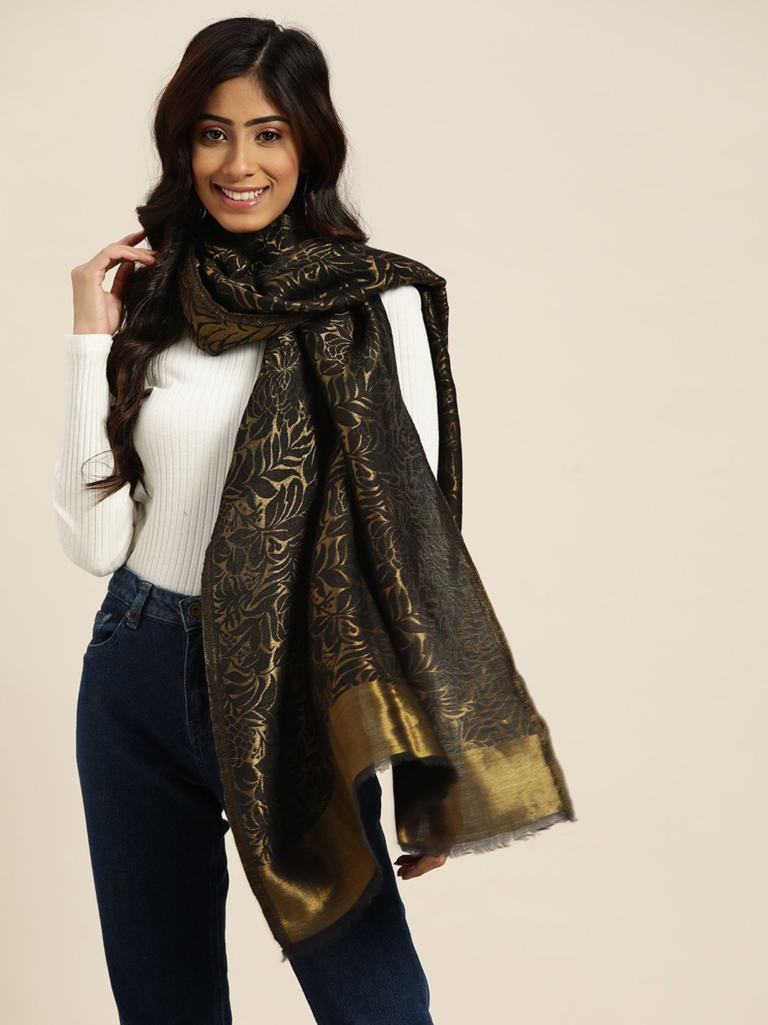 Sangria Women Black & Gold-Toned Woven Design Woollen Stole Price in India