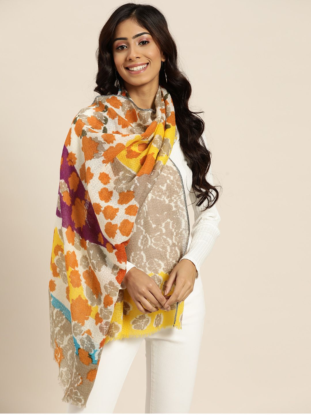 Sangria Women Yellow & Orange Printed Woollen Stole Price in India