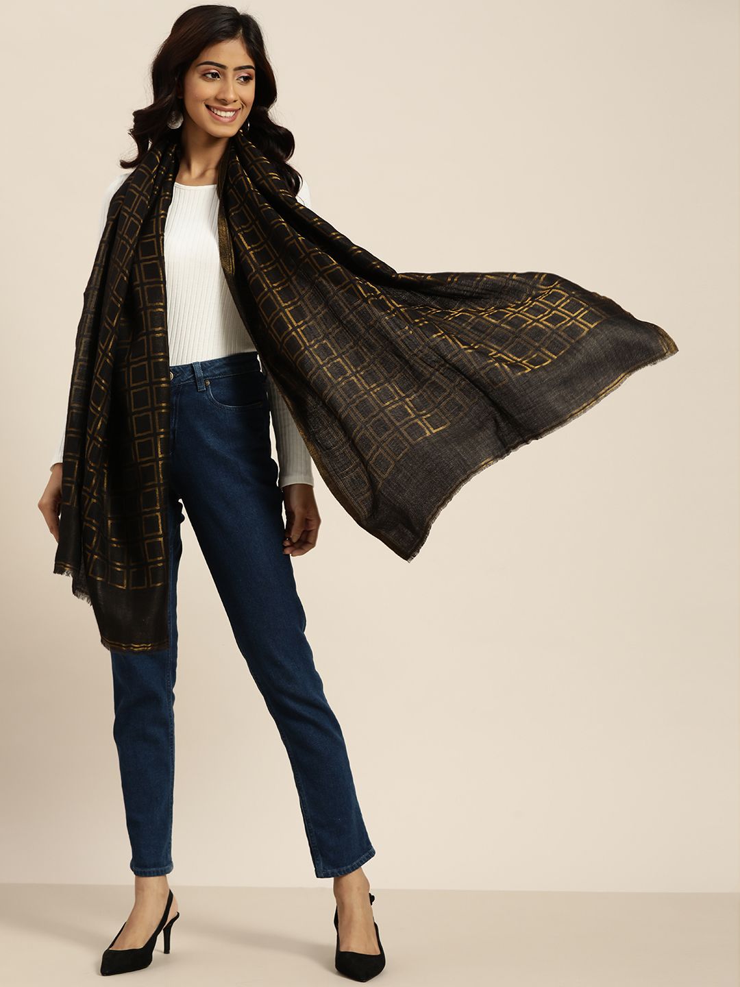 Sangria Women Black & Gold-Toned Geometric Woven Design Woollen Stole Price in India