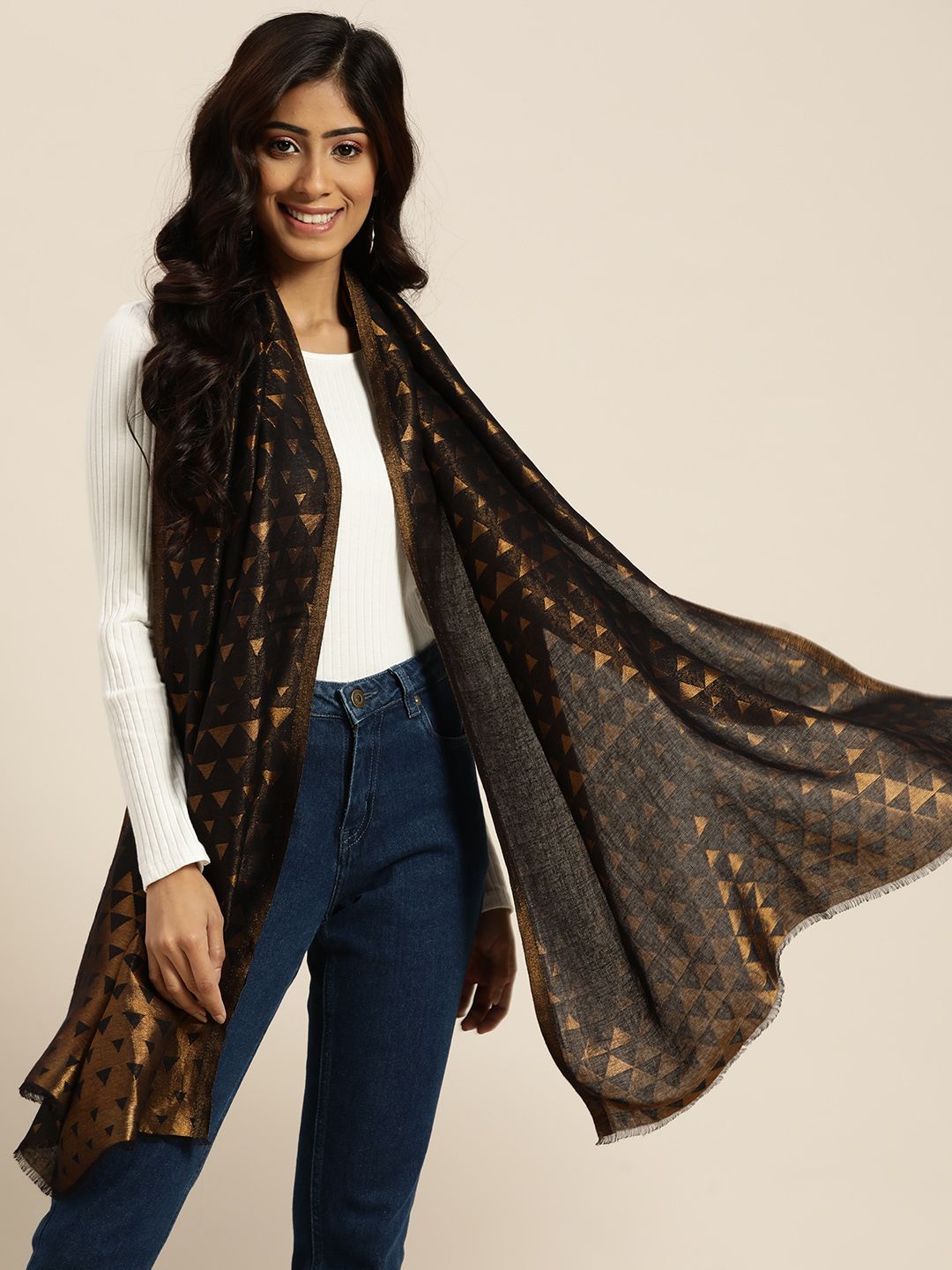 Sangria Women Black & Gold-Toned Wool Zari Geometric Pattern Stole Price in India