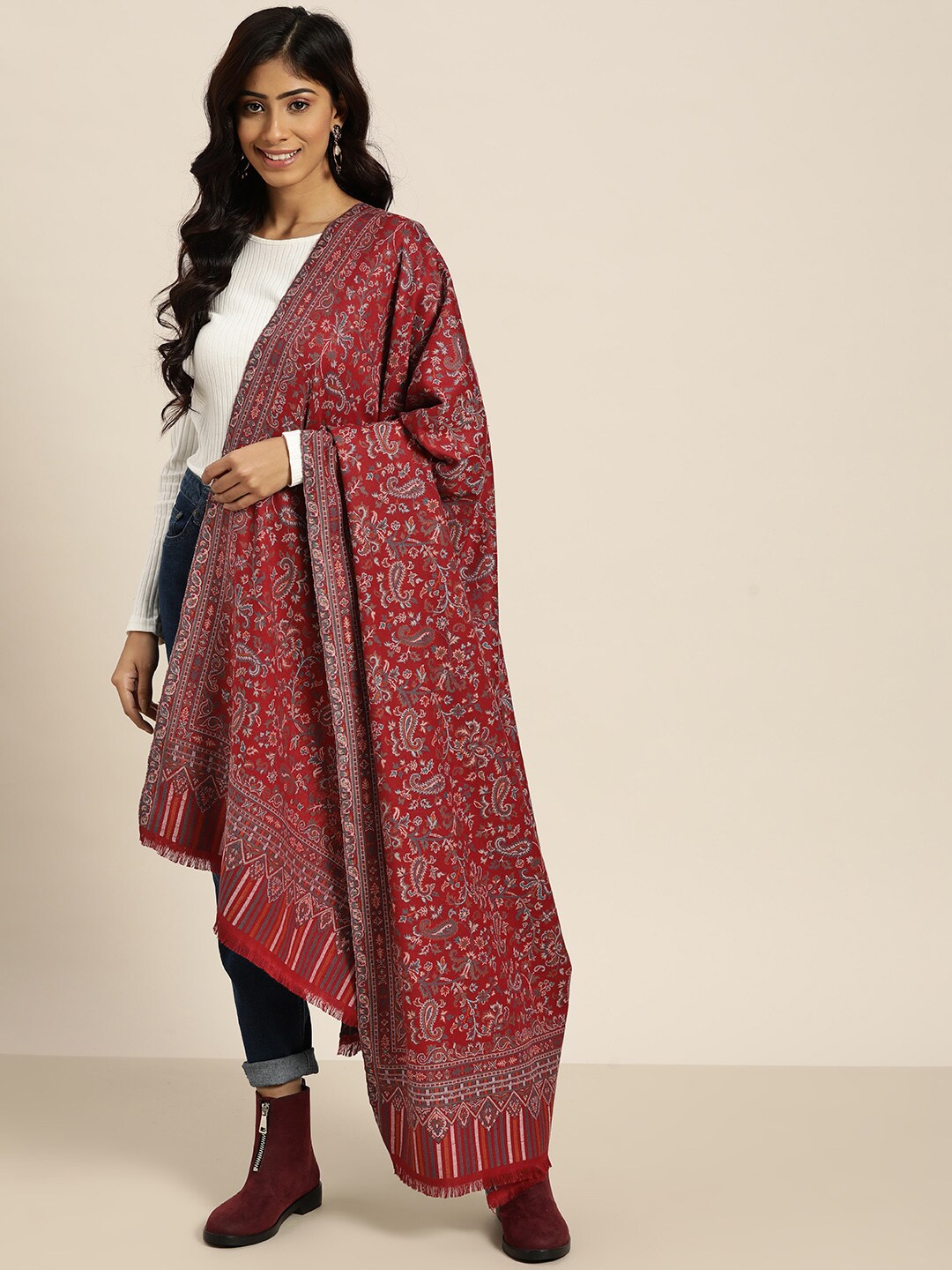 Sangria Women Maroon Kaani Woollen Woven Shawl Price in India