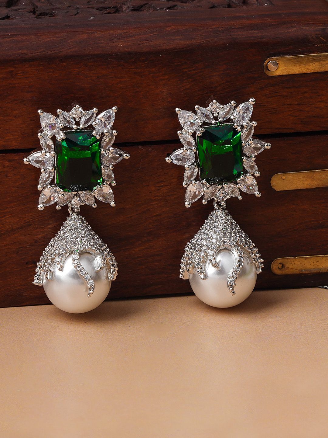 Queen Be Green Silver-Plated Contemporary Drop Earrings Price in India