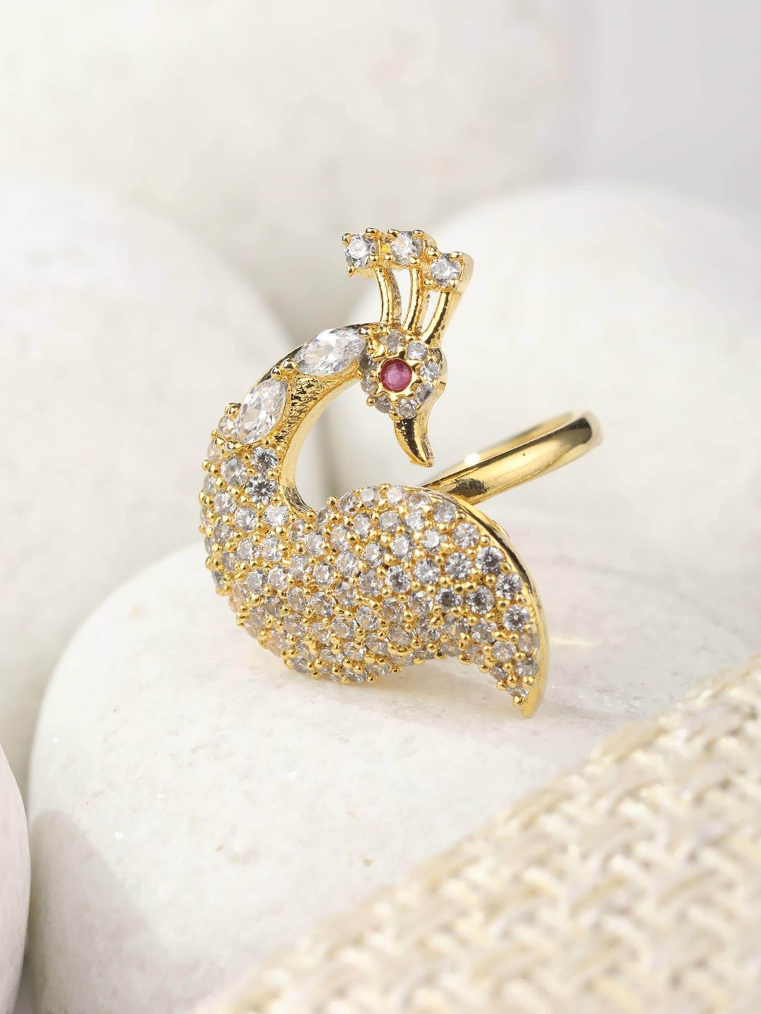 Priyaasi Gold-Plated White AD-Studded Peacock-Shaped Handcrafted Adjustable Finger Ring Price in India